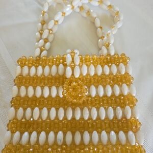 Source Unknown White and Gold Beaded Mini Bag